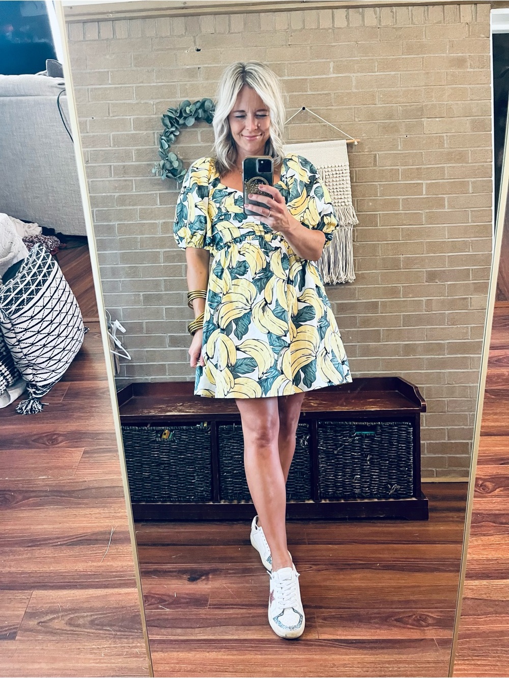 Yellow Banana-Print Puff Sleeve Mini Dress